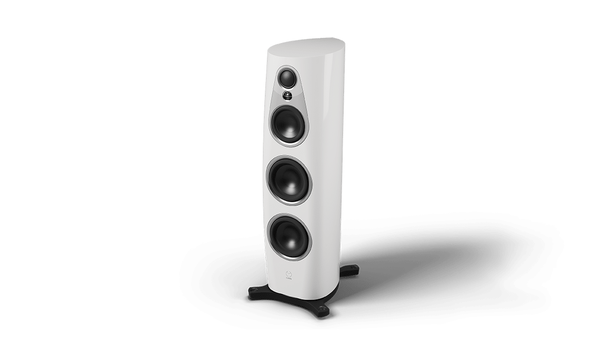 Linn 360 floorstanding speakers in Alpine White and silver