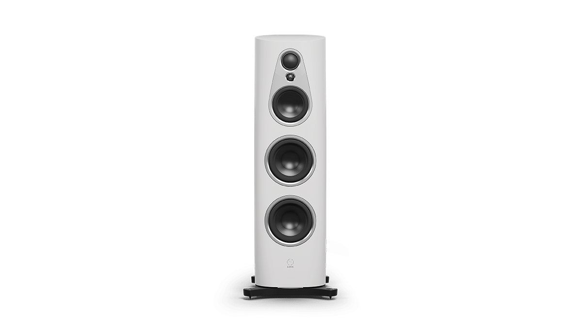 Linn 360 floorstanding speakers in Alpine White and silver